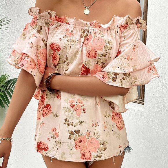 Floral Print Off Shoulder Ruffle Trim Flounce Sleeve Blouse - Picture 5 of 5